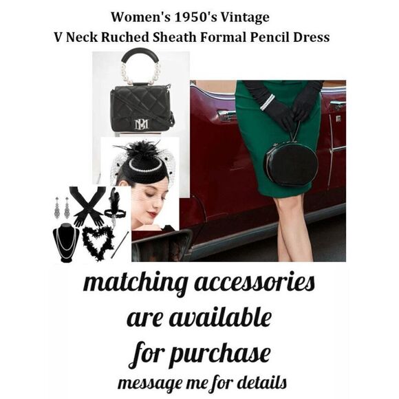💚 NWT Retro Vintage Pinup 1940s 1950s Ruched Sheath Formal Green Pencil Dress L - Picture 10 of 16
